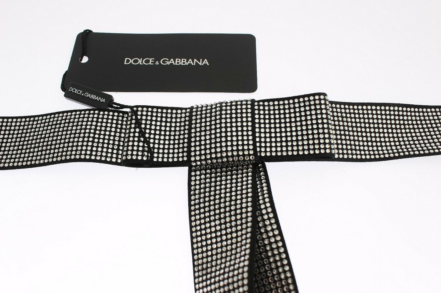 حزام خصر Dolce & Gabbana من الحرير الأسود بفيونكة وكريستال شفاف
