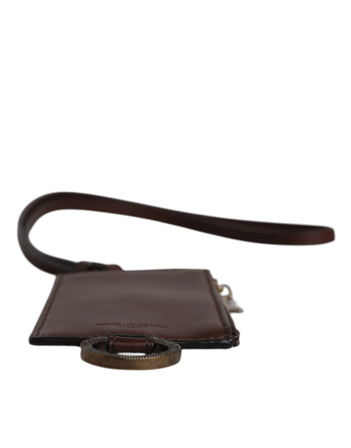 Dolce & Gabbana Brown Calf Leather Lanyard Logo Card Holder Wallet