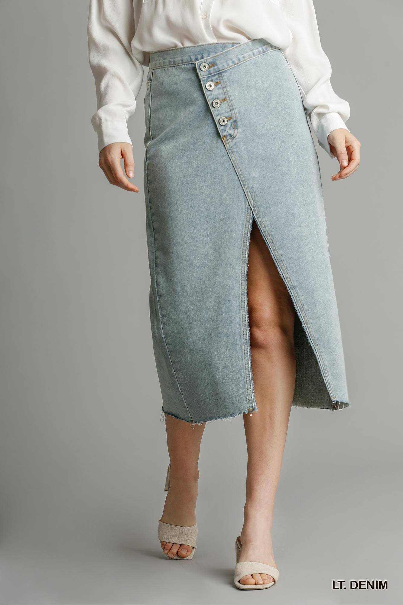 Asymmetrical Waist and Button Up Front Split Denim Women Skirt With Back Pockets And Unfinished Hem