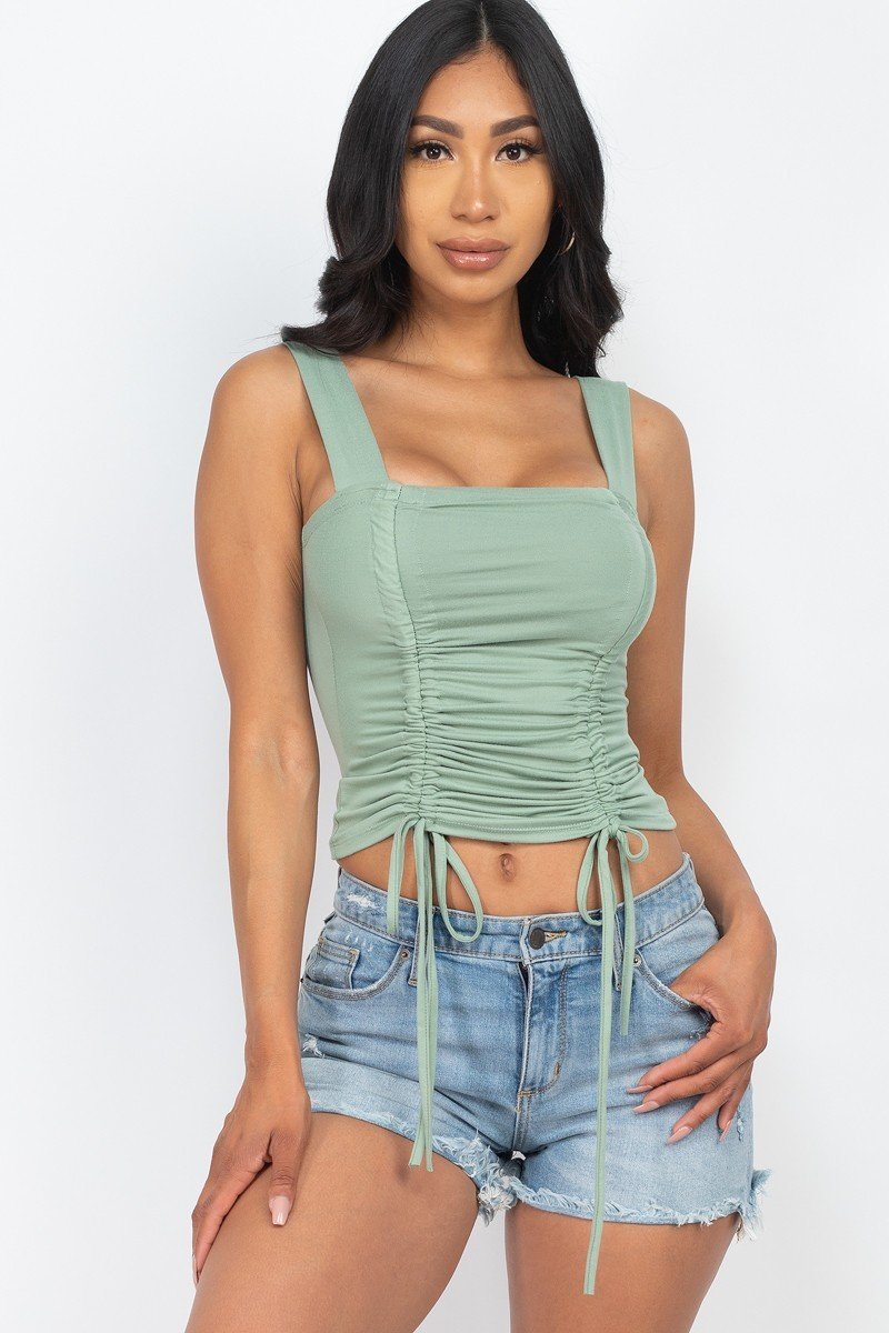 Adjustable Front Ruched with String Square Neck Crop Women Tops