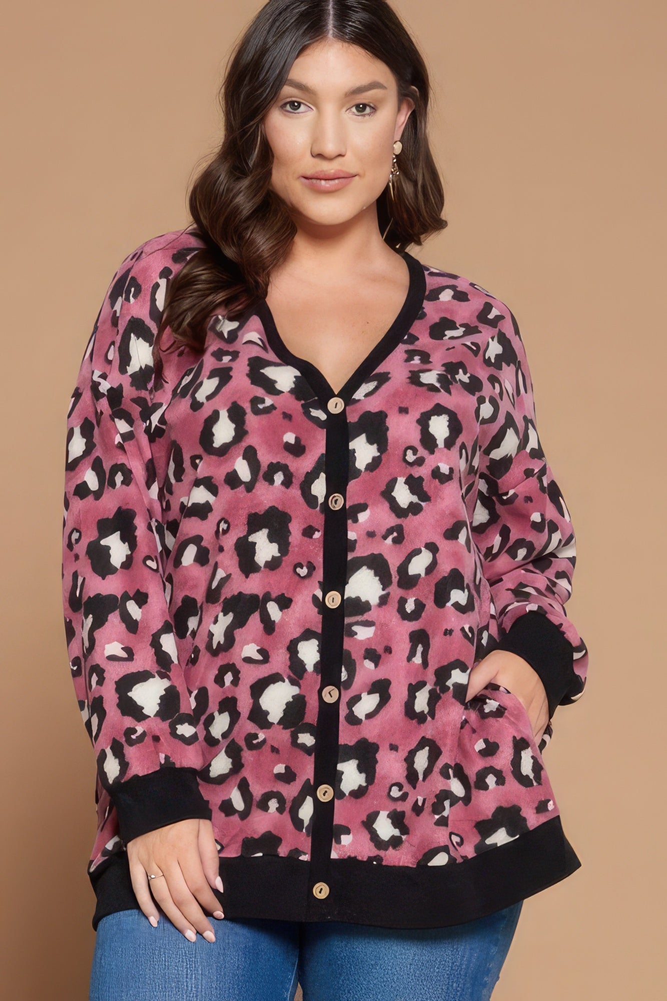 Cozy Animal Mir Print With Brush Button Up Cardigan Plus