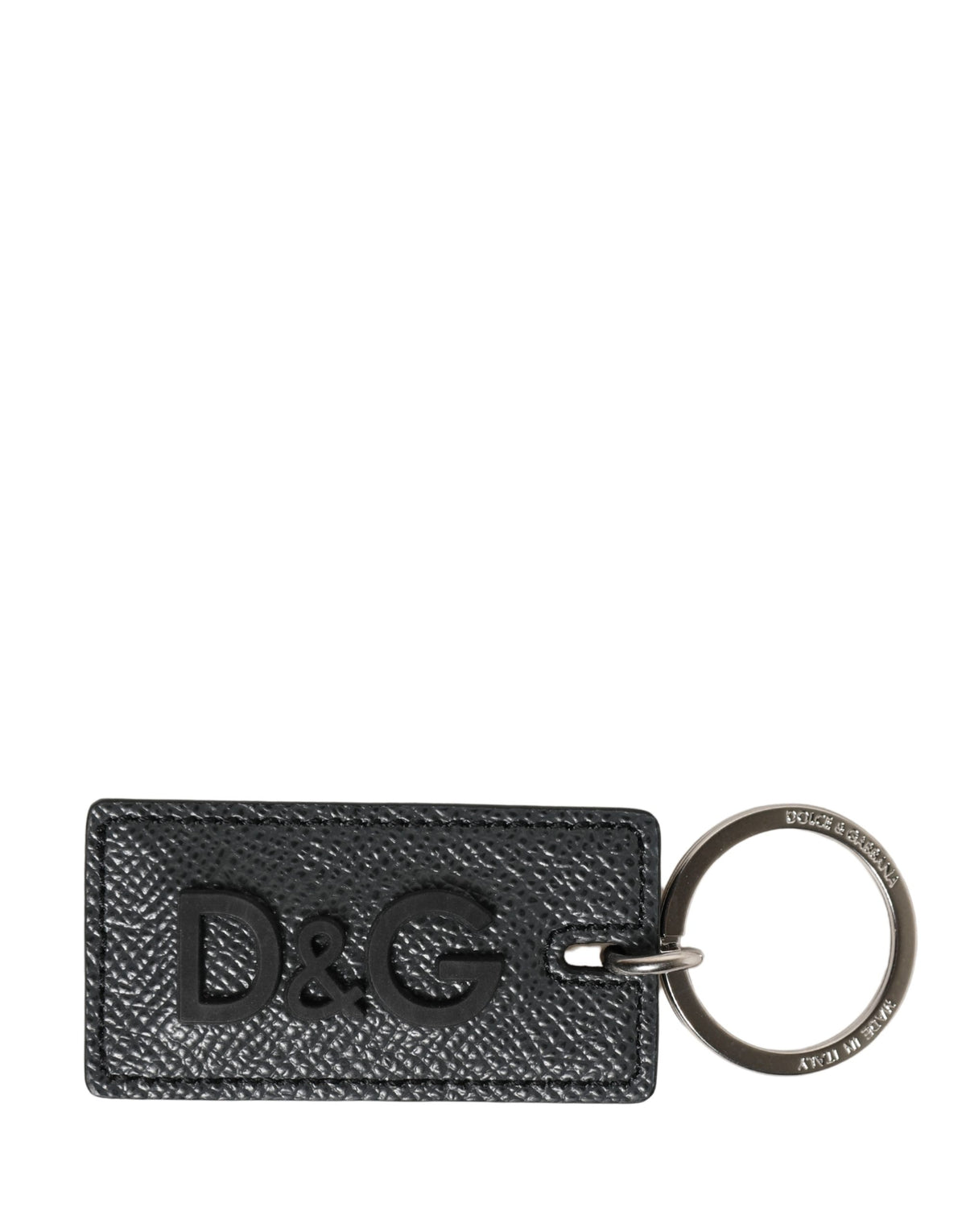 دولتشي آند غابانا سلسلة مفاتيح بحلقة معدنية بشعار D&G من جلد العجل الأسود