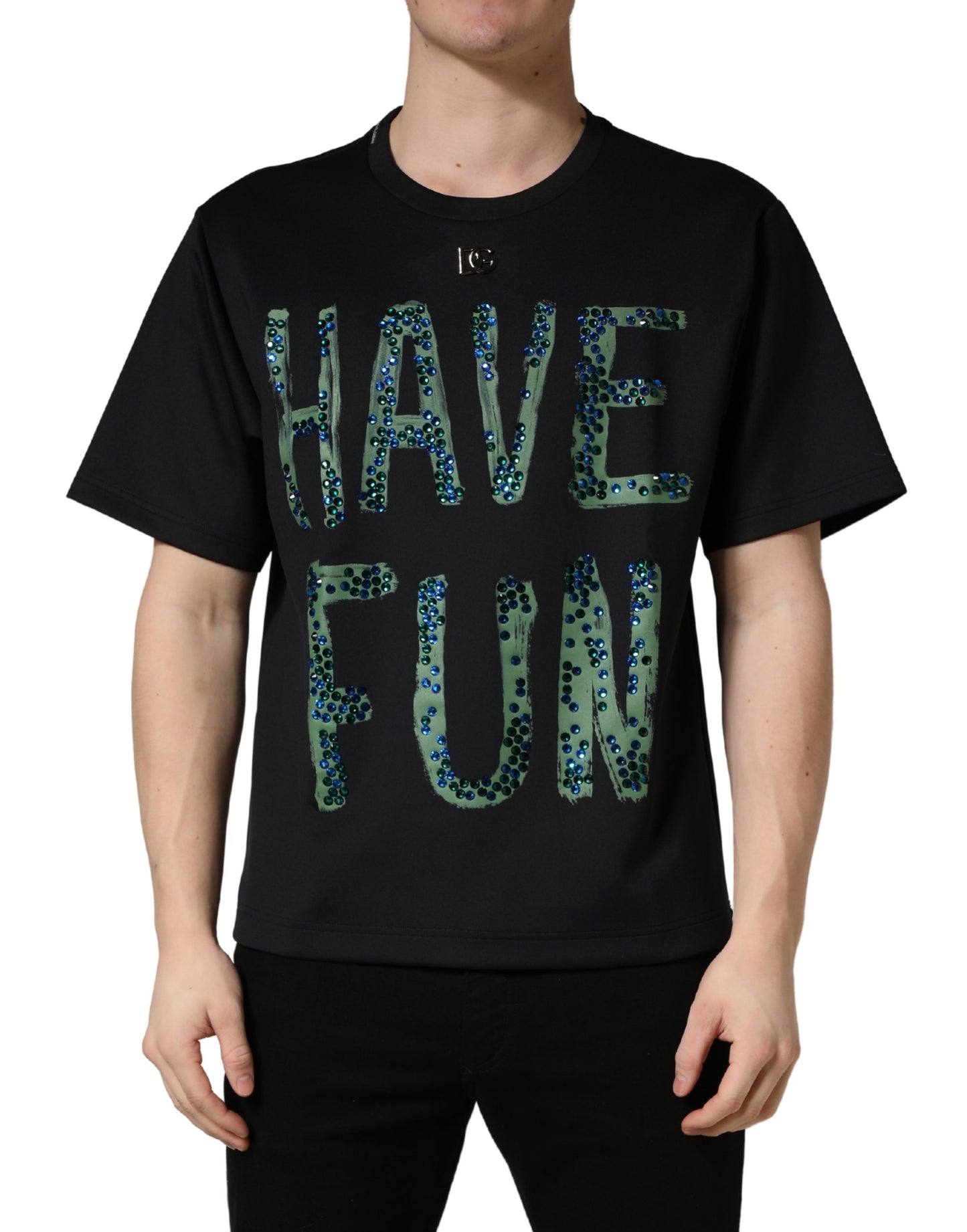 تيشيرت بقبة دائرية وتطريز "Have Fun" باللون الأسود من دولتشي آند غابانا