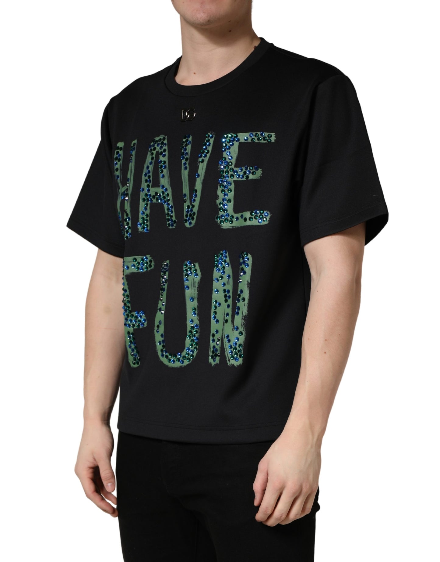 تيشيرت بقبة دائرية وتطريز "Have Fun" باللون الأسود من دولتشي آند غابانا