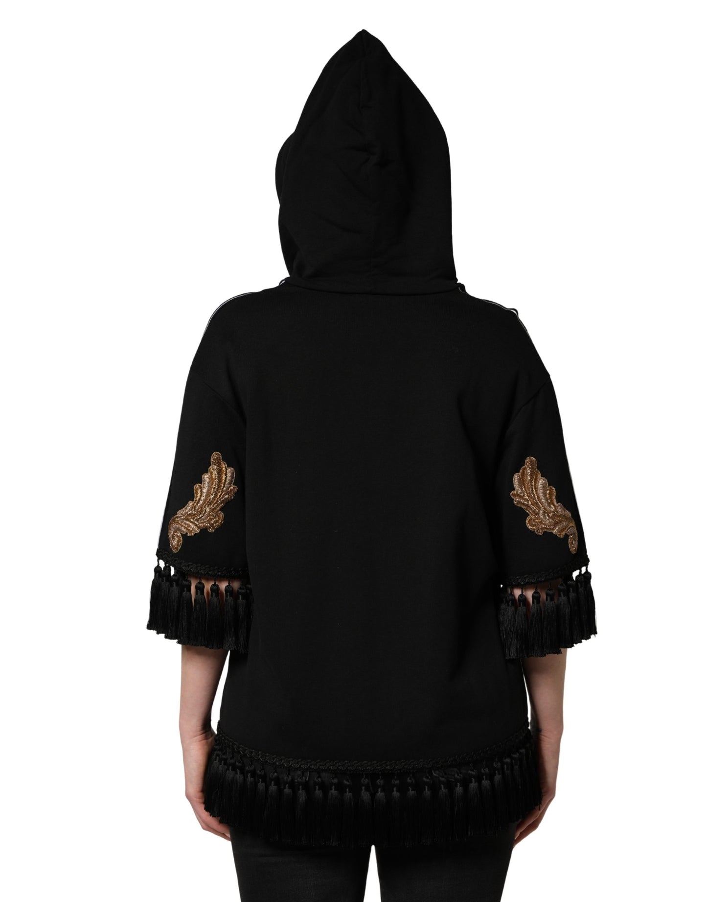 سويتر بغطاء رأس مطرز بشرّابات أسود من دولتشي آند غابانا