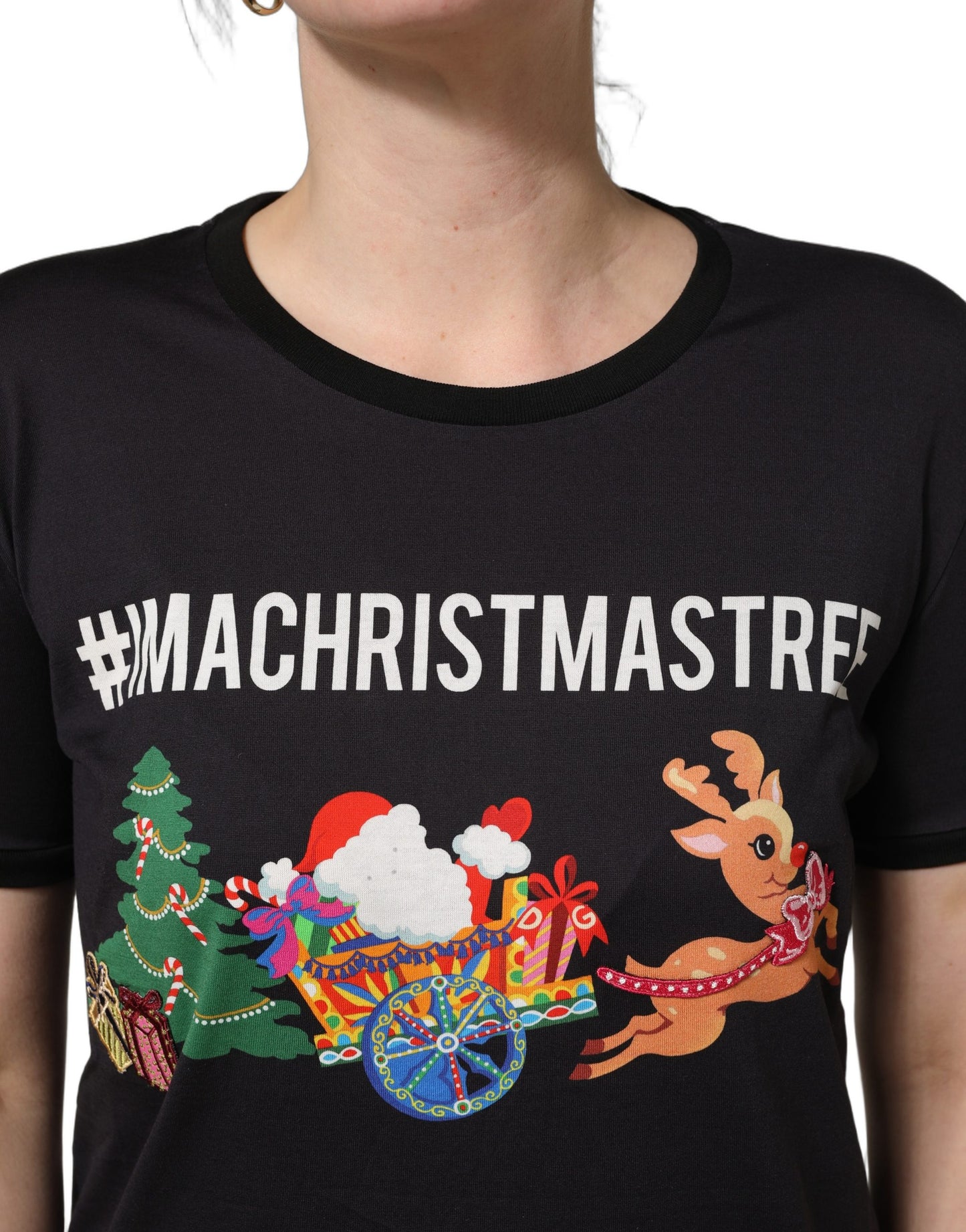 تيشيرت من القطن بطبعة #IAMACHRISTMASTREE باللون الأسود من دولتشي آند غابانا