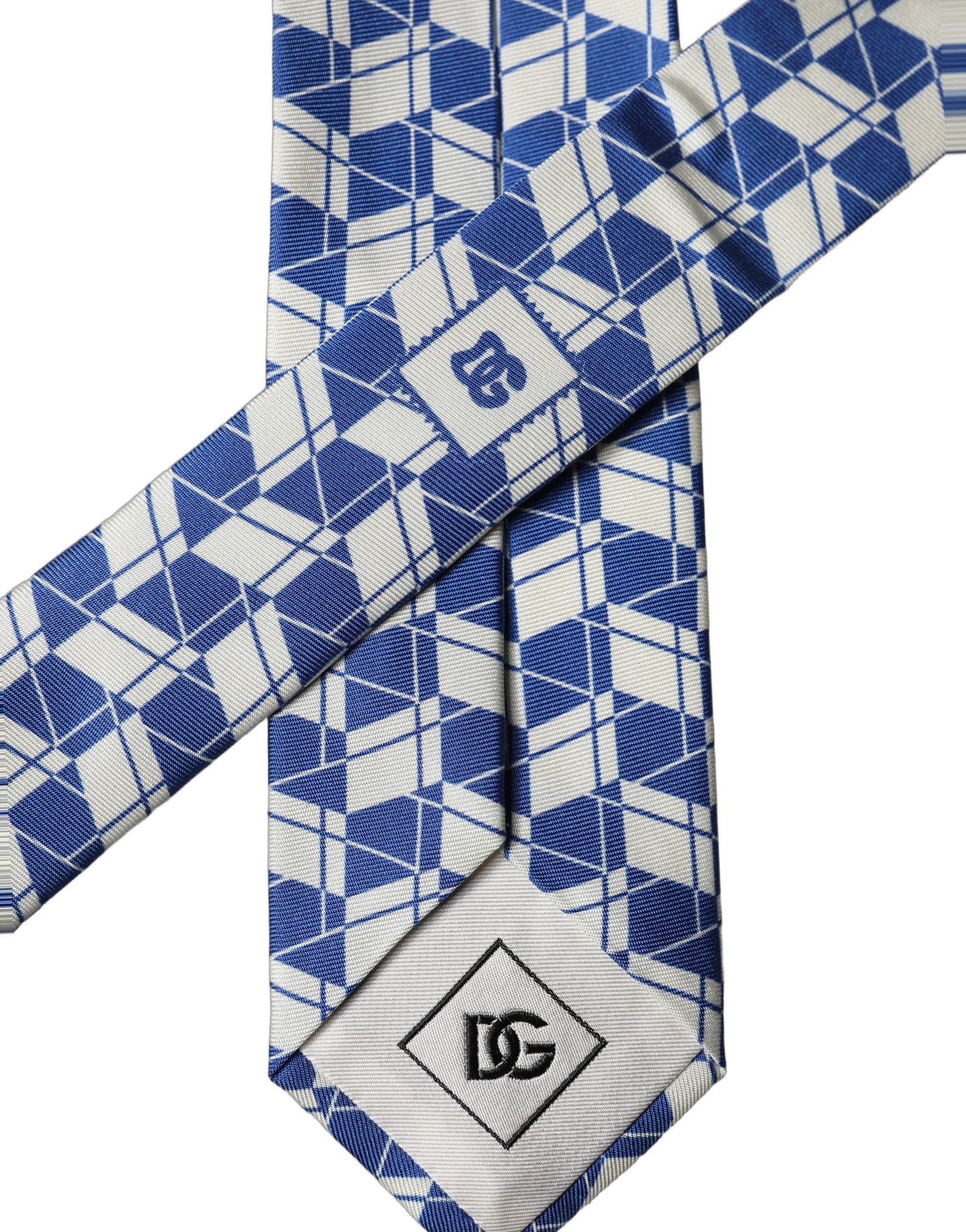 Dolce & Gabbana Blue White Geometric Silk Adjustable Men Tied Necktie Tie