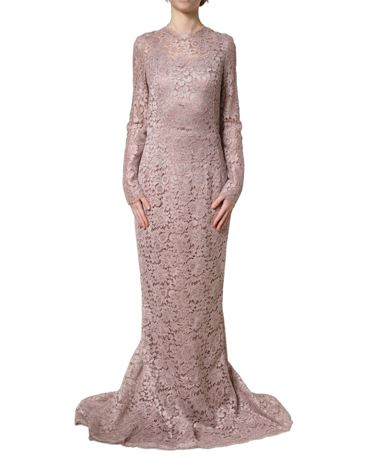فستان سهرة دولتشي آند غابانا طويل الأكمام من الدانتيل الوردي