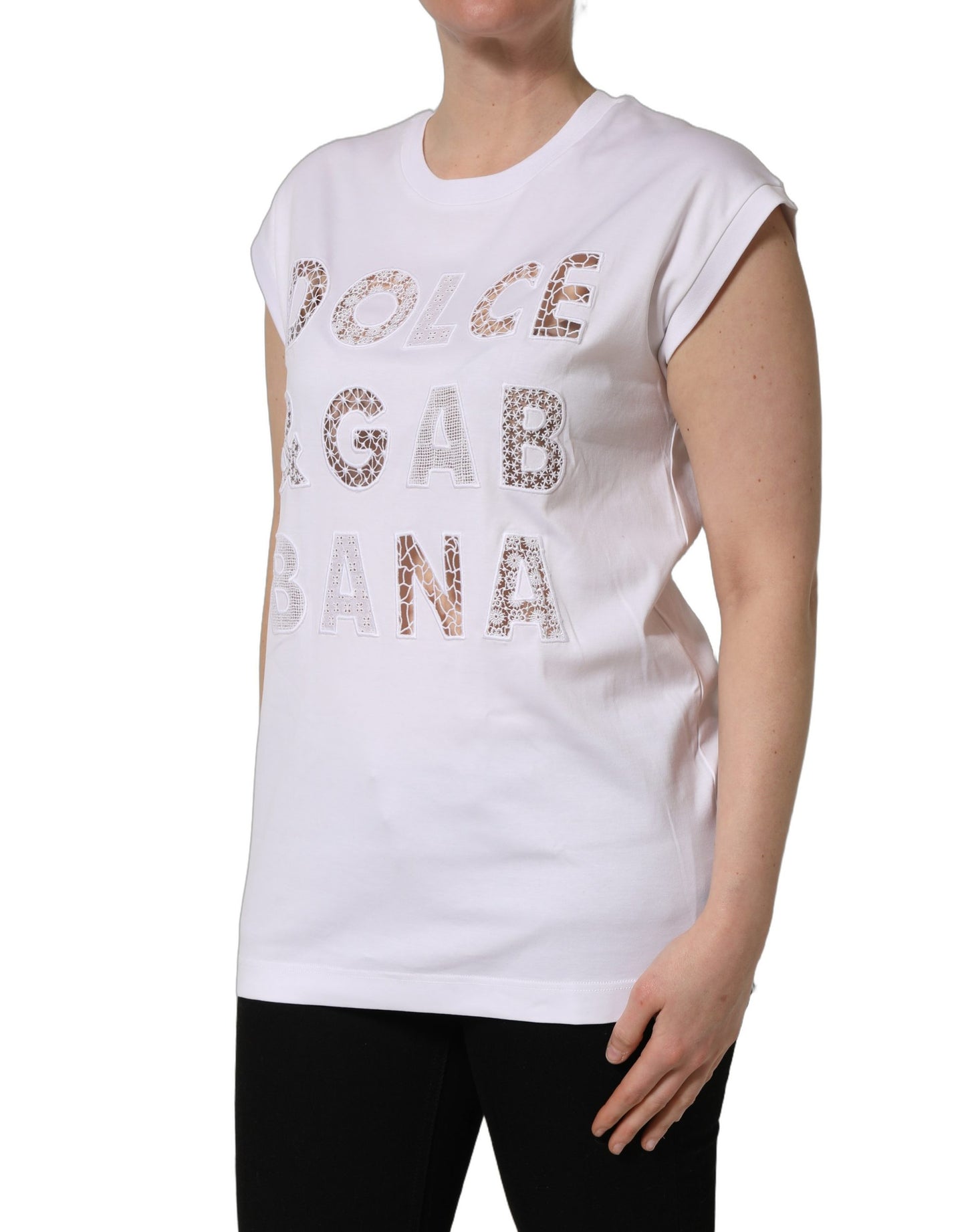 تي شيرت بلا أكمام برقبة دائرية وشعار أبيض من دولتشي آند غابانا