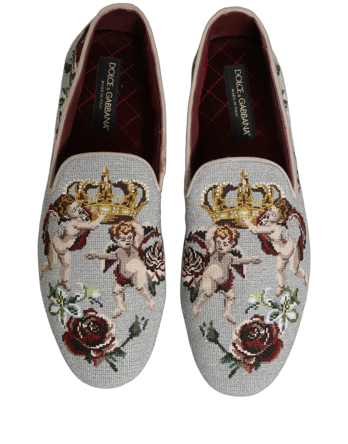 Dolce & Gabbana Gray Crown Rose Angel Embroidery Loafer Shoes