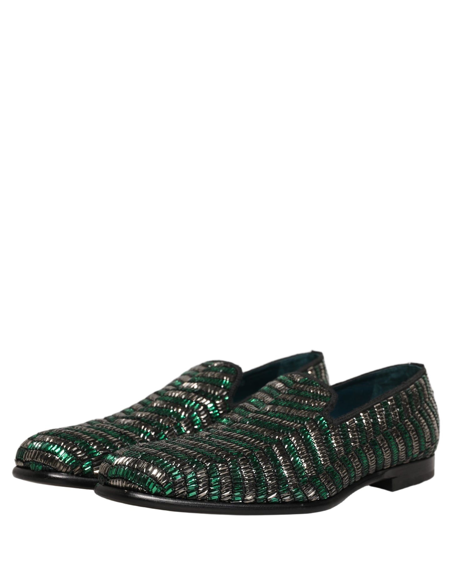 Dolce & Gabbana Silver Green Embellished Dress Loafers Shoes