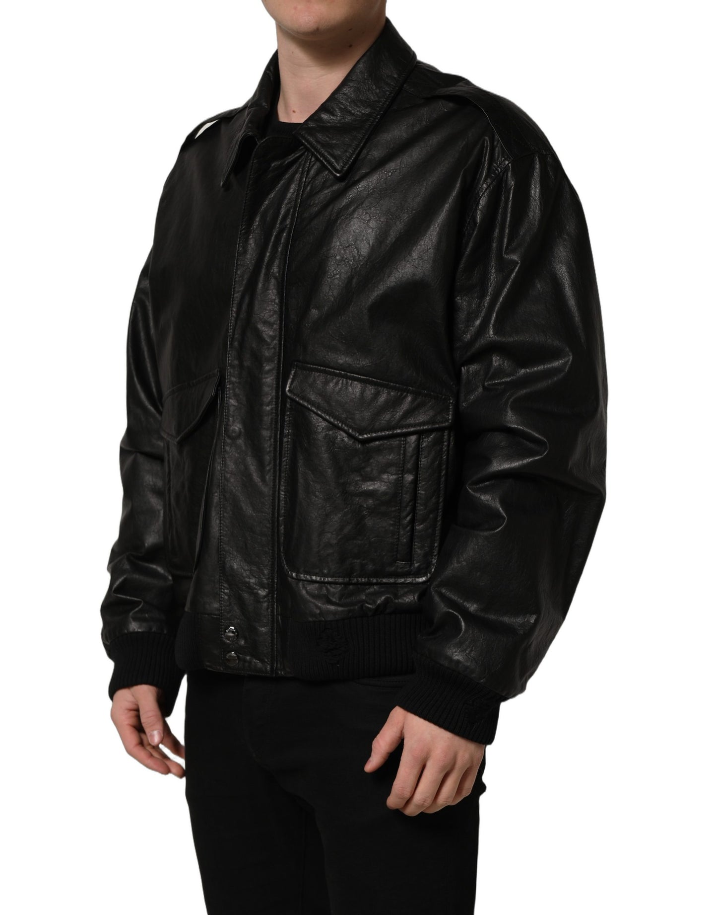 جاكيت بايكر رجالي من الجلد الأسود بسحاب كامل من دولتشي آند غابانا