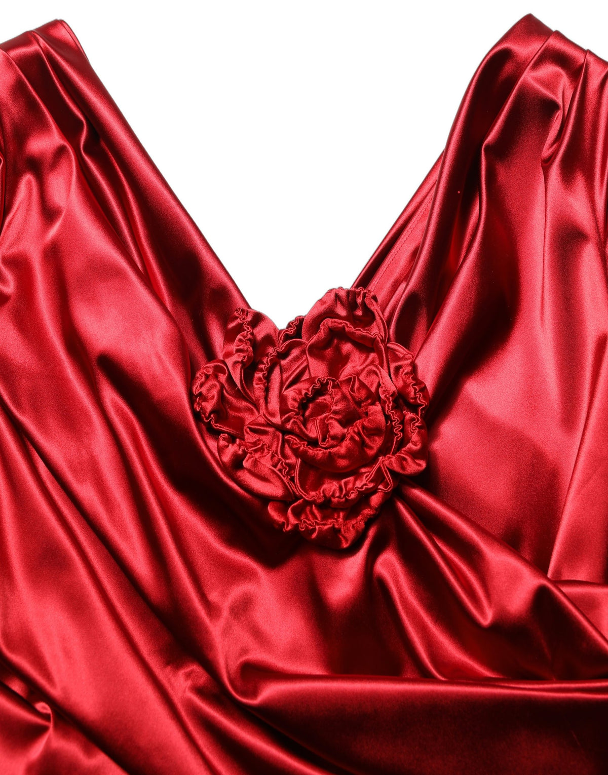 Dolce & Gabbana Red Silk Satin Draped Midi Floral Applique Dress