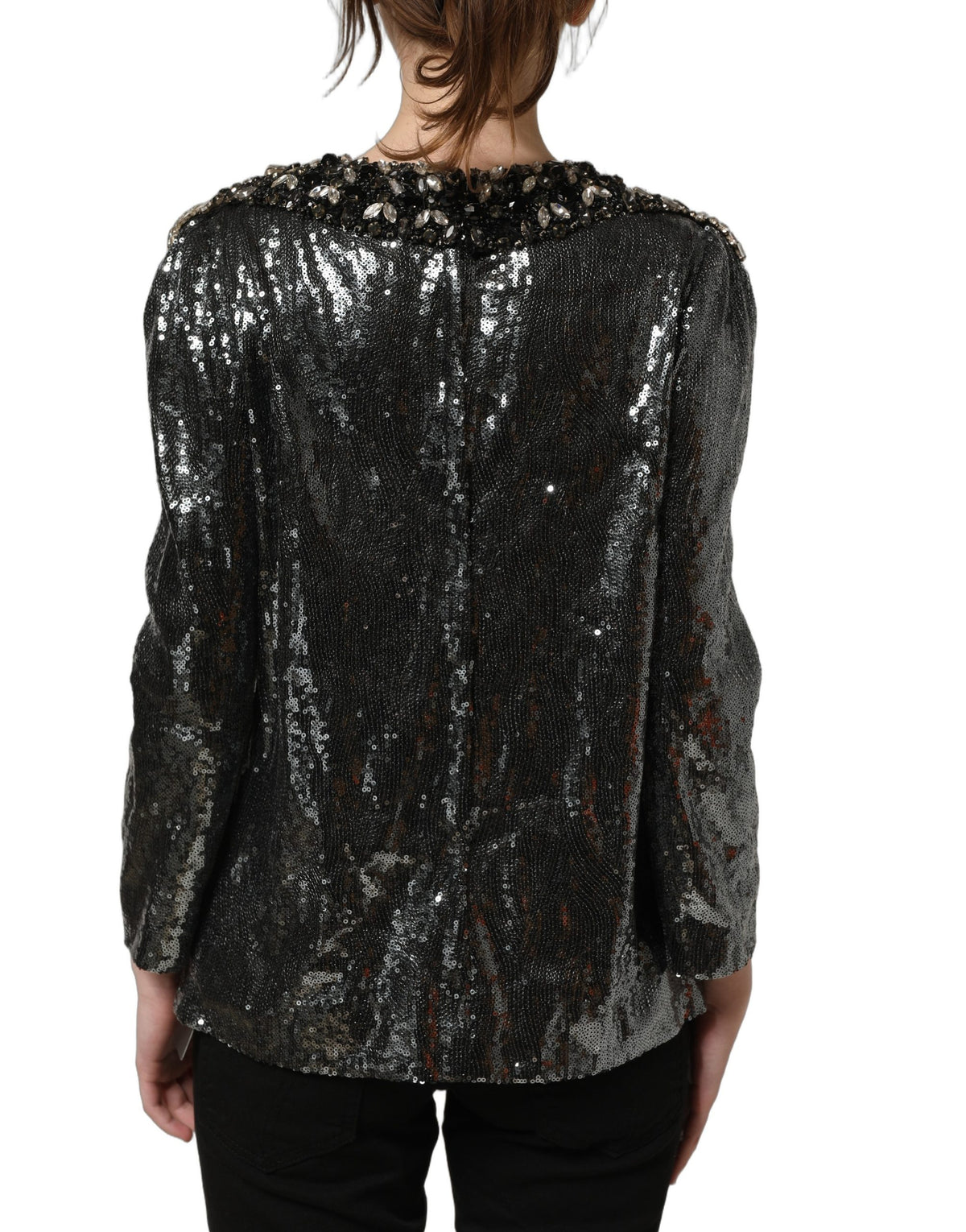 Dolce & Gabbana Metallic Gray Sequin Embellished Blouse Top