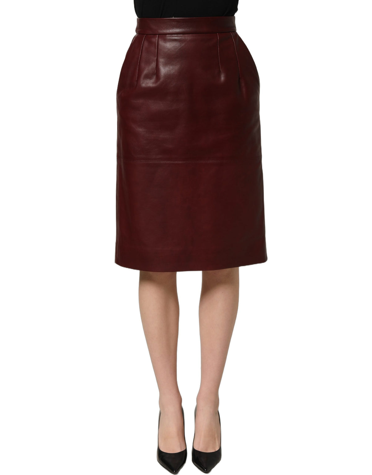 Dolce & Gabbana Burgundy Leather High Waist Pencil Midi Skirt