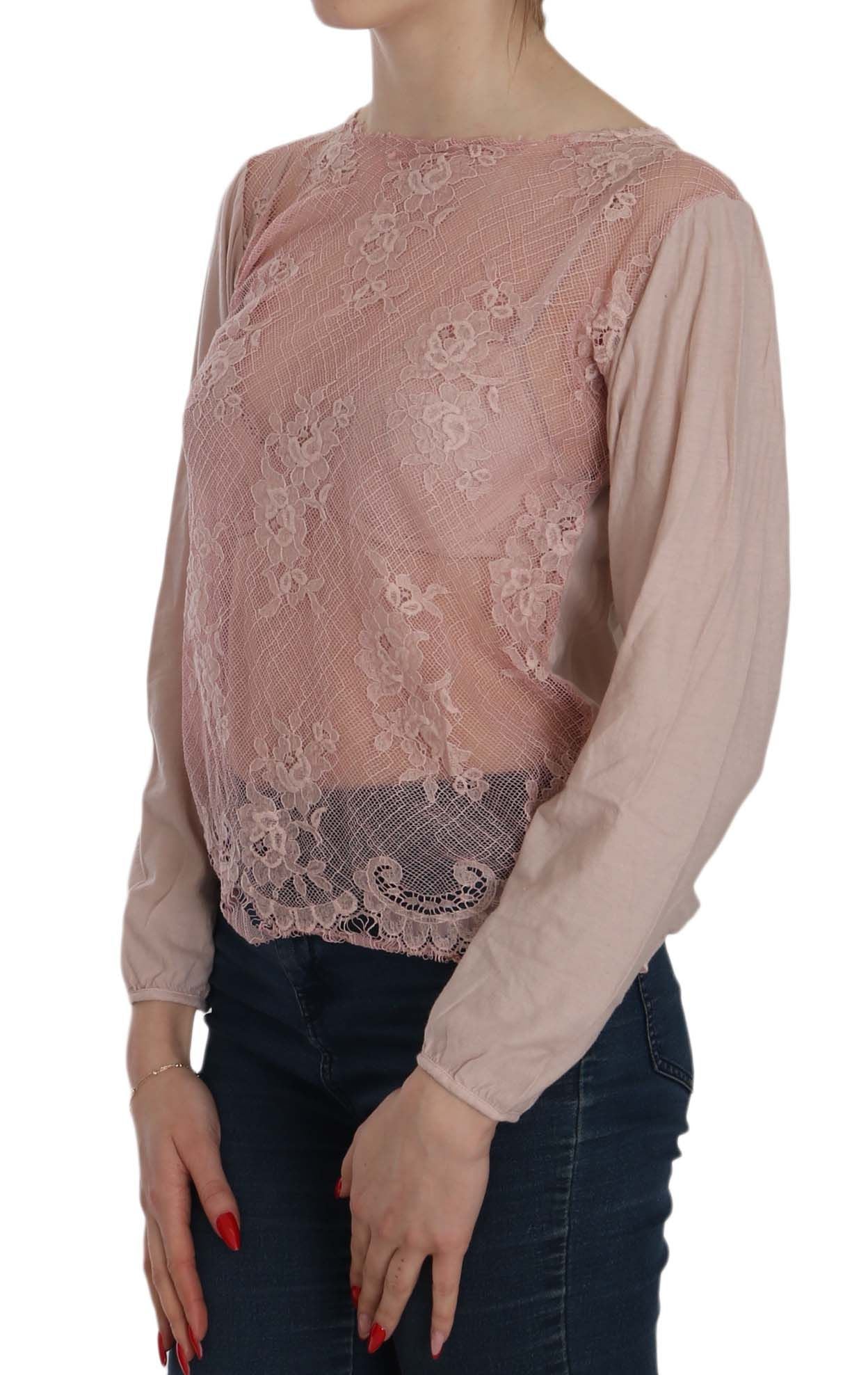 PINK MEMORIES بلوزة دانتيل وردية شفافة بأكمام طويلة