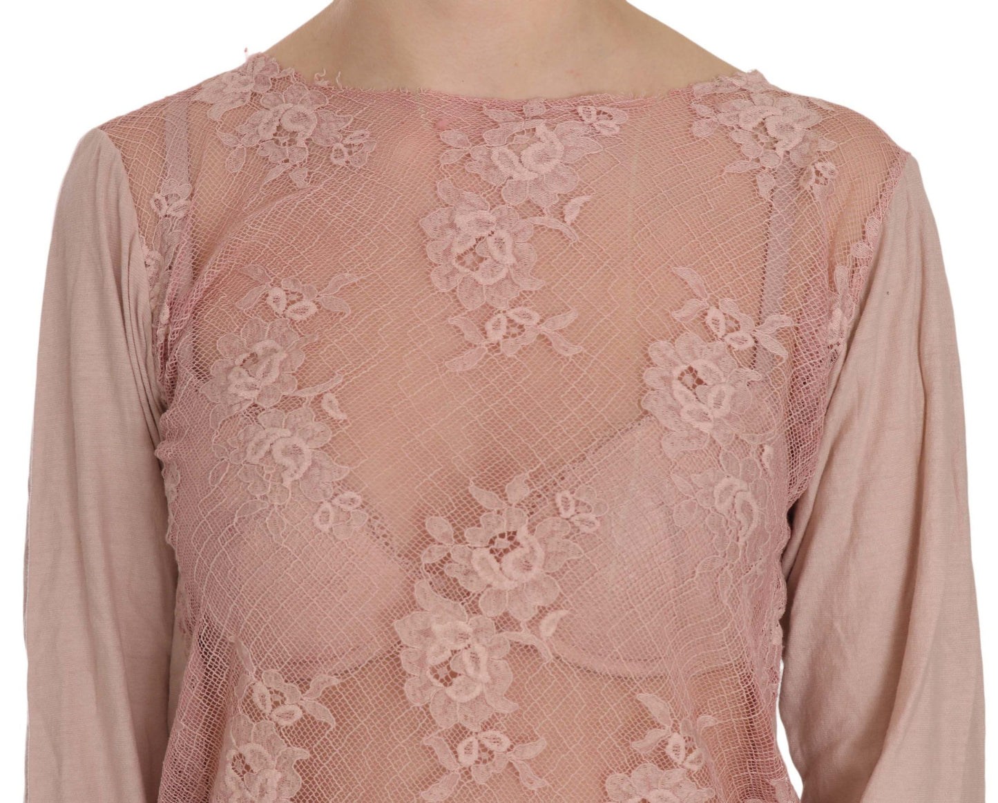 PINK MEMORIES بلوزة دانتيل وردية شفافة بأكمام طويلة