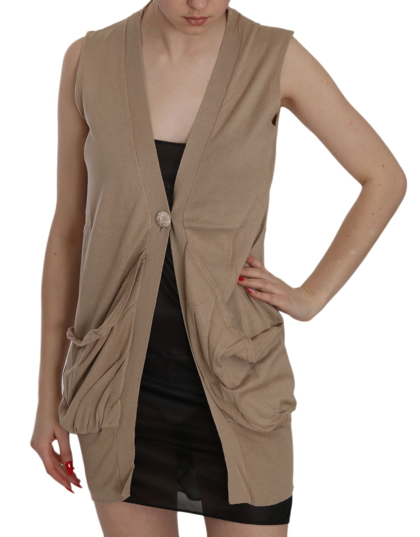 PINK MEMORIES Brown 100% Cotton Sleeveless Cardigan Top Vest