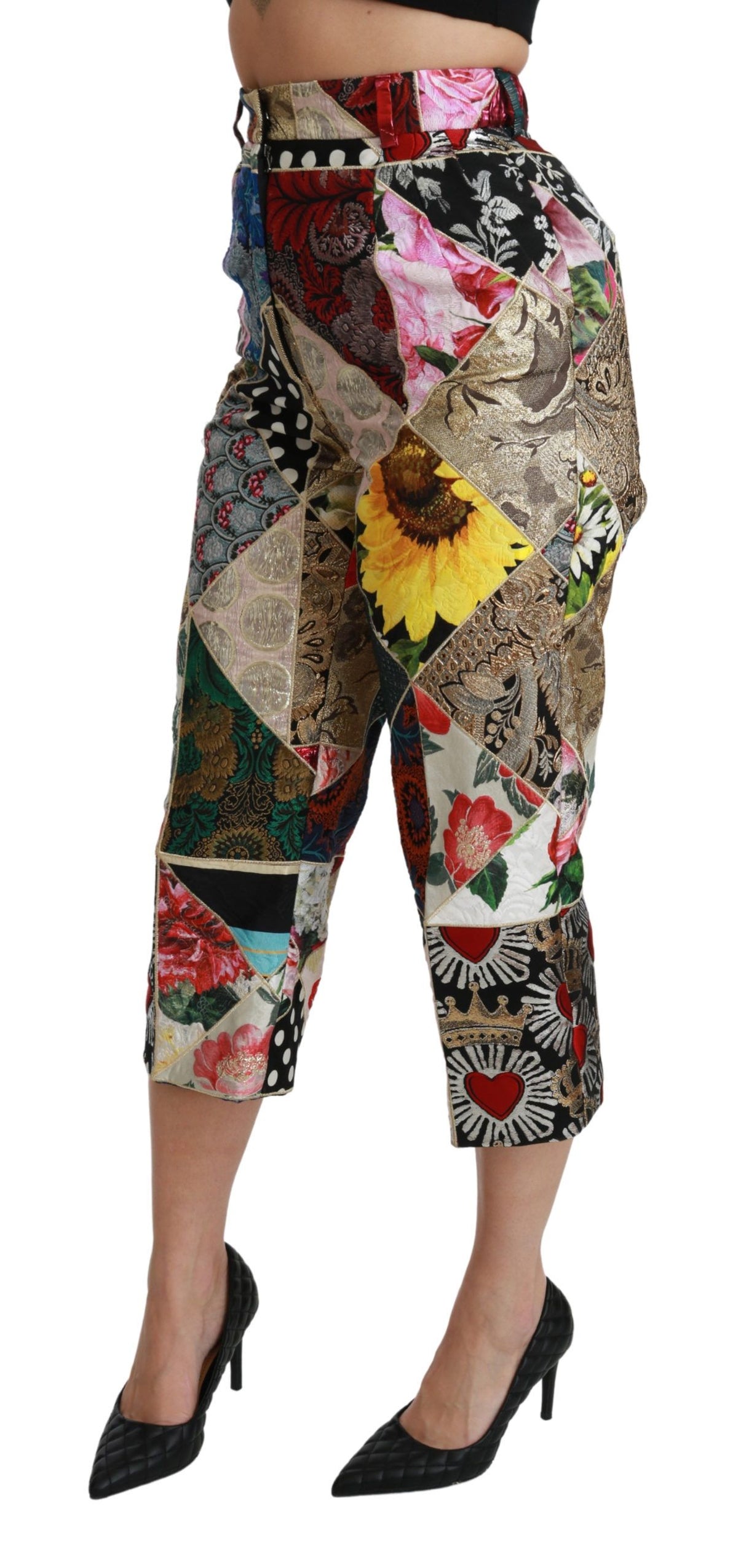 Dolce & Gabbana Silk Multicolor Print High Waist Cropped Pants
