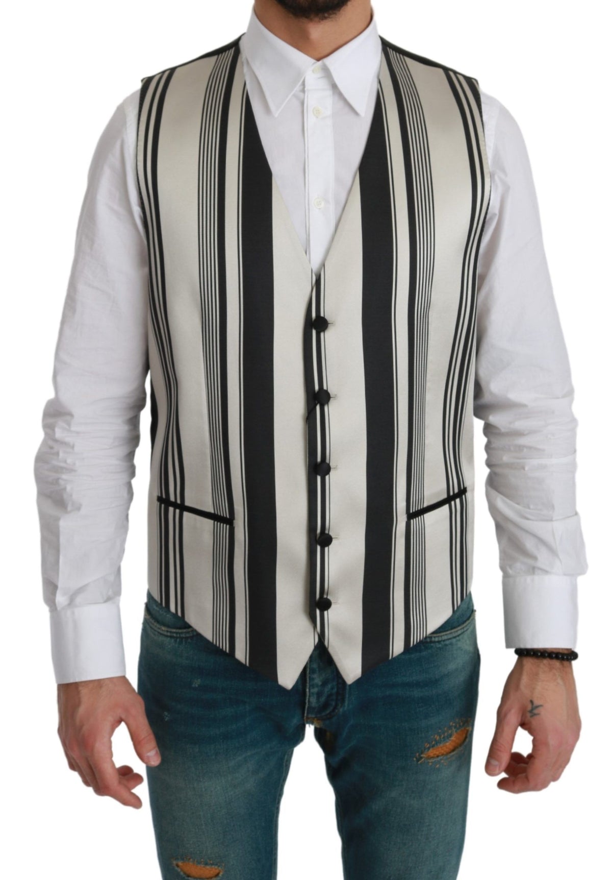 Dolce & Gabbana White Gray Black Stripes Waistcoat Formal Vest