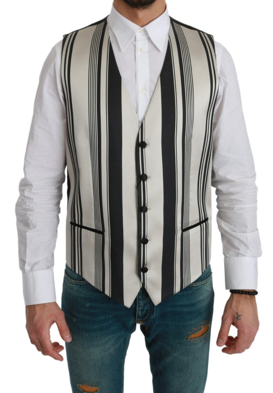 Dolce & Gabbana White Gray Black Stripes Waistcoat Formal Vest