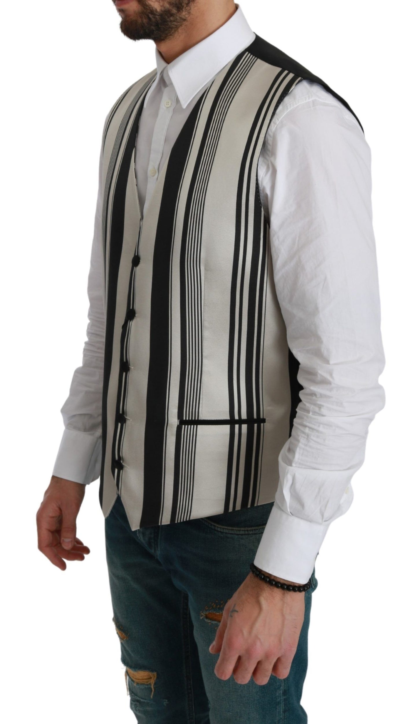 Dolce & Gabbana White Gray Black Stripes Waistcoat Formal Vest