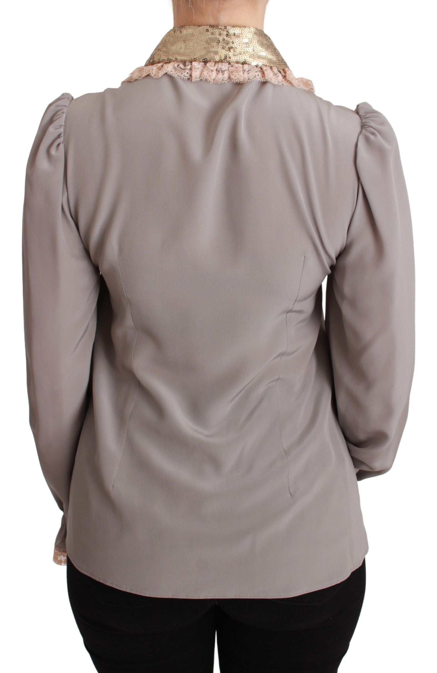 Dolce & Gabbana Gray Silk Gold Sequin Lace Blouse Shirt