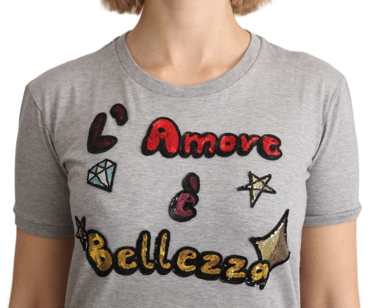 تيشيرت دولتشي آند غابانا قطن رمادي بطبعة "Amore e Bellezza"