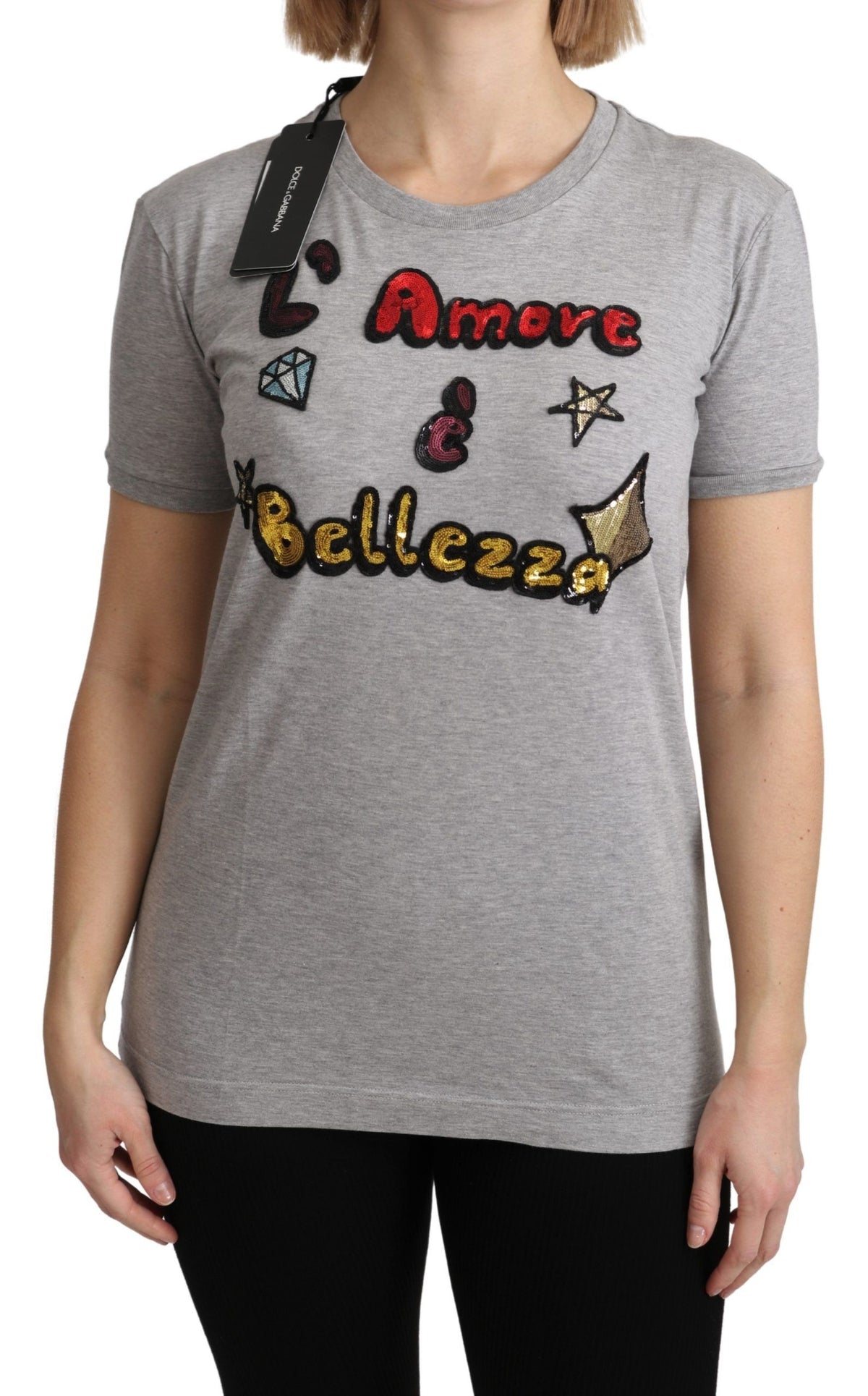 تيشيرت دولتشي آند غابانا قطن رمادي بطبعة "Amore e Bellezza"