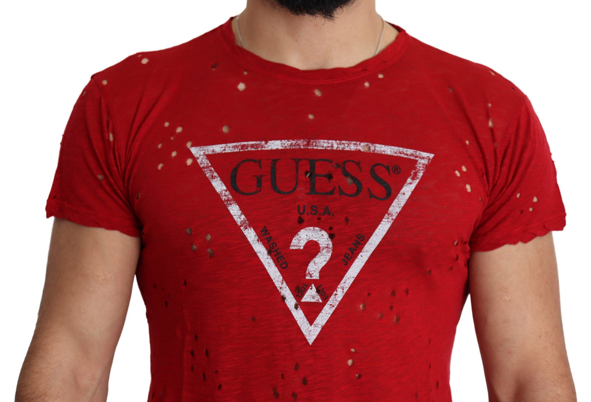تي شيرت كاجوال رجالي بفتحات وطبعة شعار Guess أحمر قطن