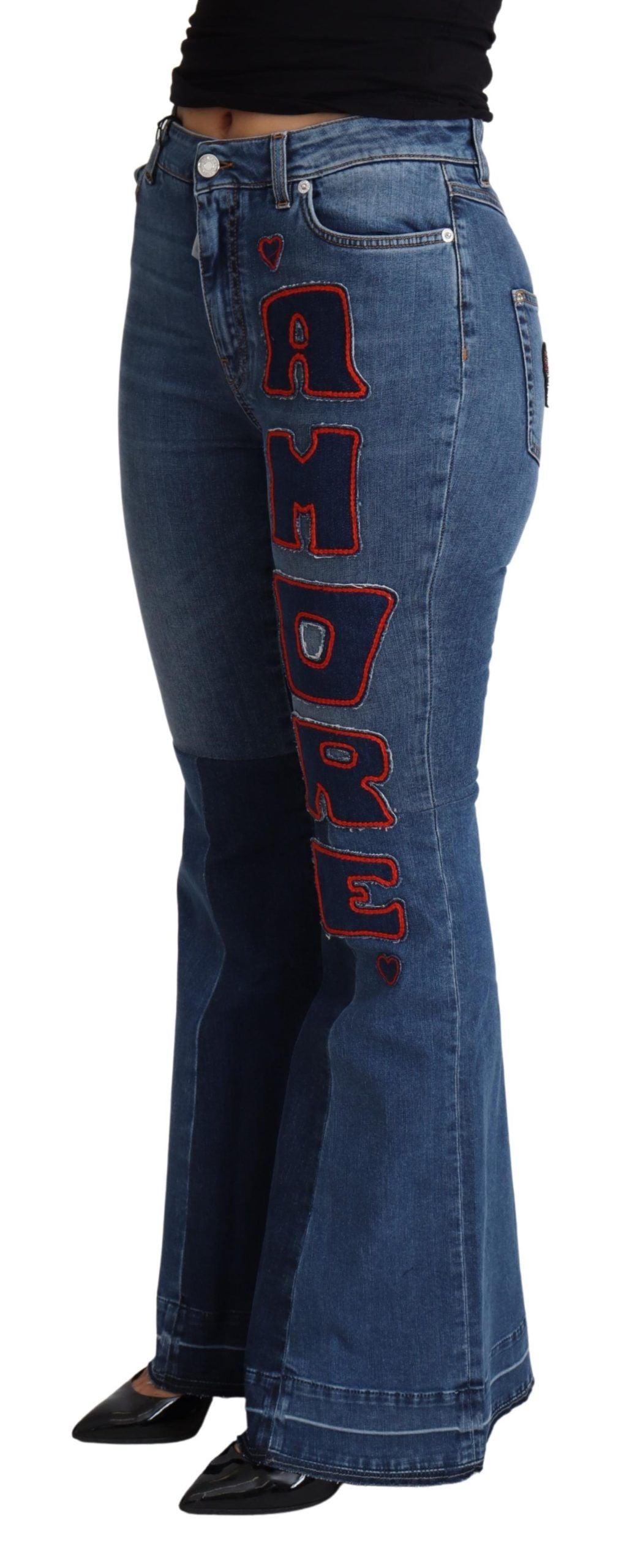 بنطلون قطني بقصة Boot Cut مطاطي من Dolce & Gabbana Blue Amore Patch
