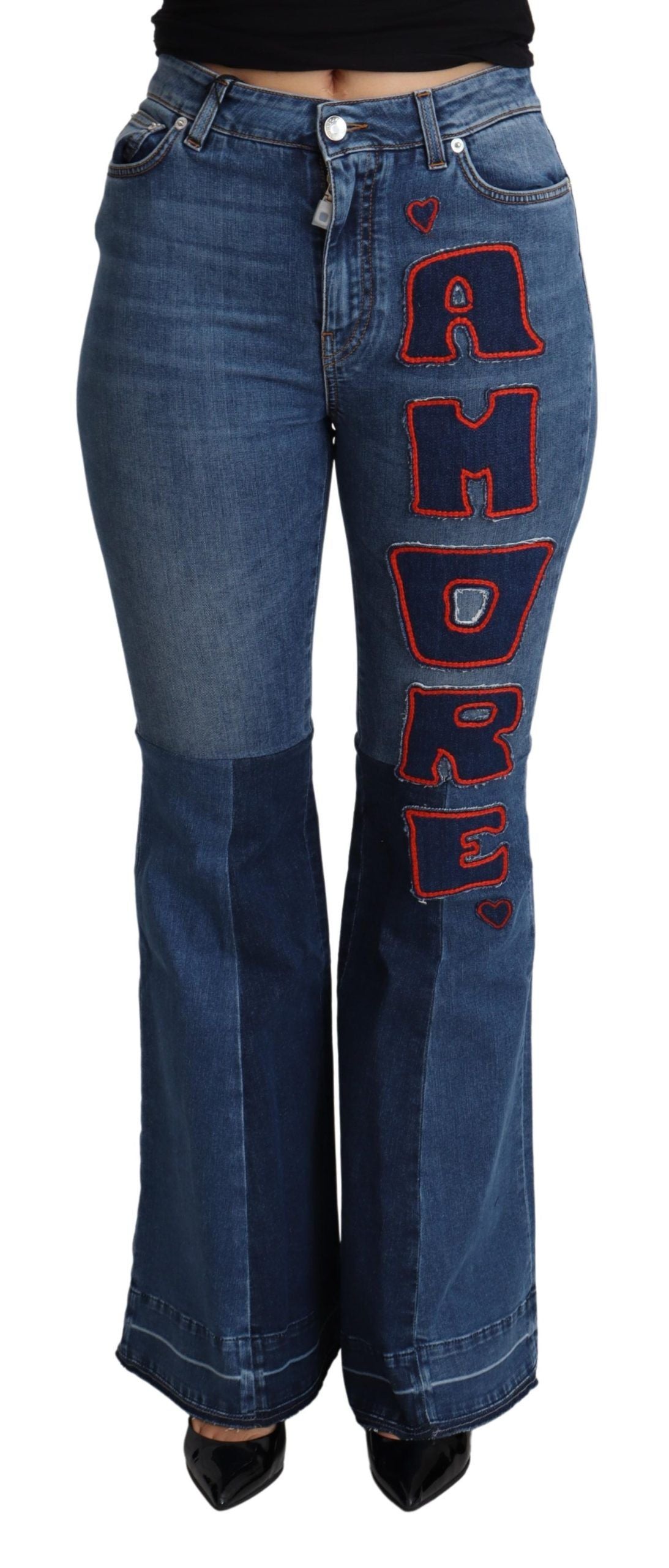 بنطلون قطني بقصة Boot Cut مطاطي من Dolce & Gabbana Blue Amore Patch