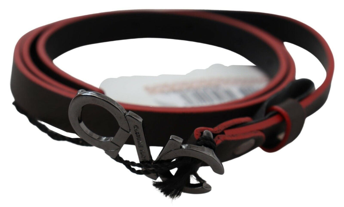Costume National Black Maroon Skinny Leather Buckle Waist Belt