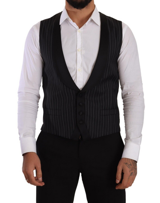 Dolce & Gabbana Dark Gray Striped Wool Silk Waistcoat Vest