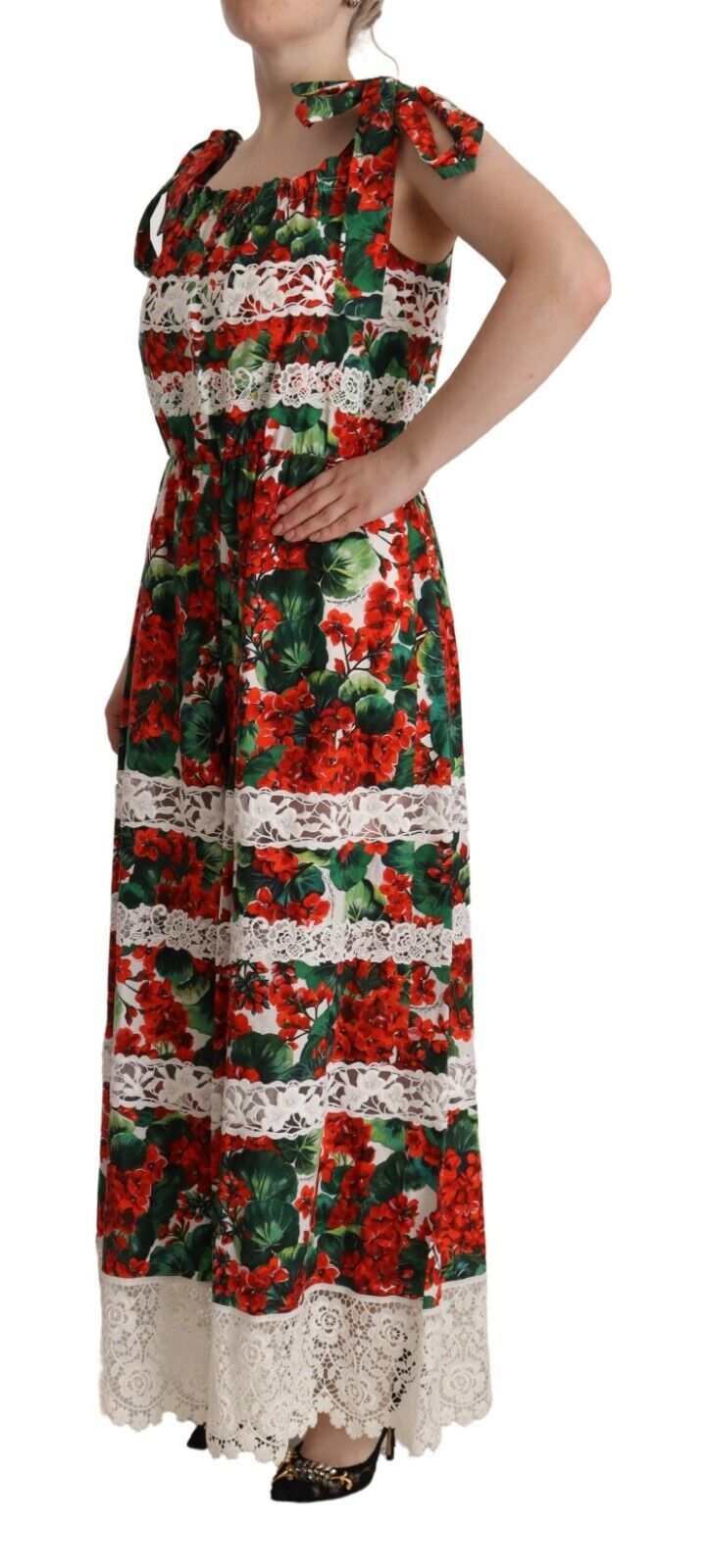 فستان ماكسي طويل دانتيل بطبعة زهور الغرنوقي متعدد الألوان من دولتشي آند غابانا