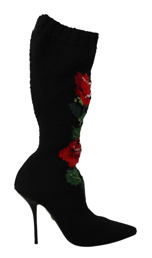 Dolce & Gabbana حذاء بوت أسود مطاطي بتصميم جوارب ورود حمراء
