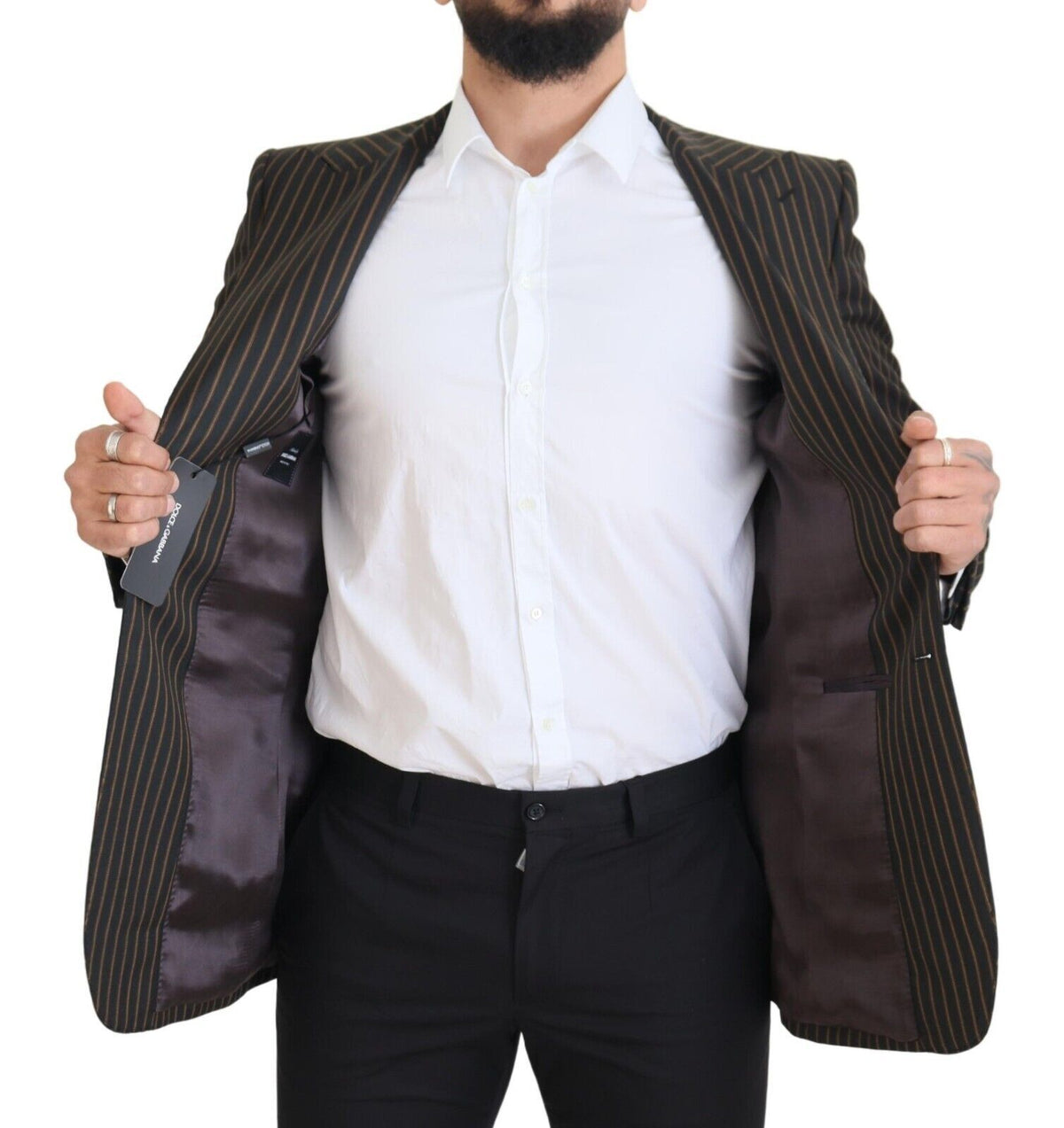 بليزر دولتشي آند غابانا أسود ومخطط بالبني بصف أزرار واحد