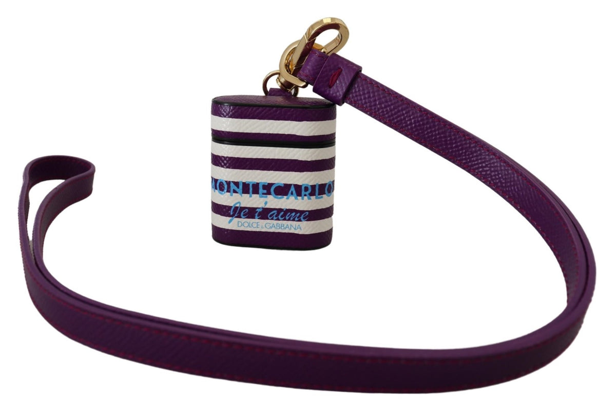 Dolce & Gabbana Purple Leather Strap Gold Metal Logo Airpods Case
