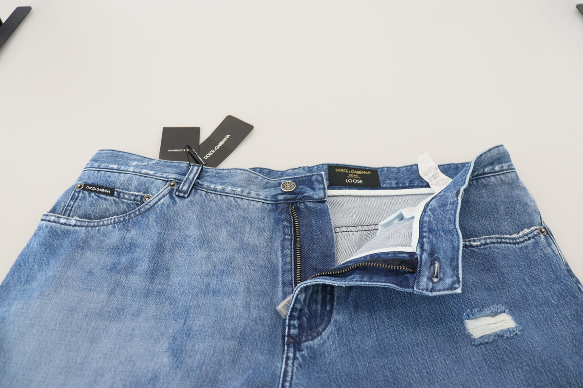 بنطلون جينز كاجوال من الدنيم القطني المغسول باللون الأزرق من دولتشي آند غابانا
