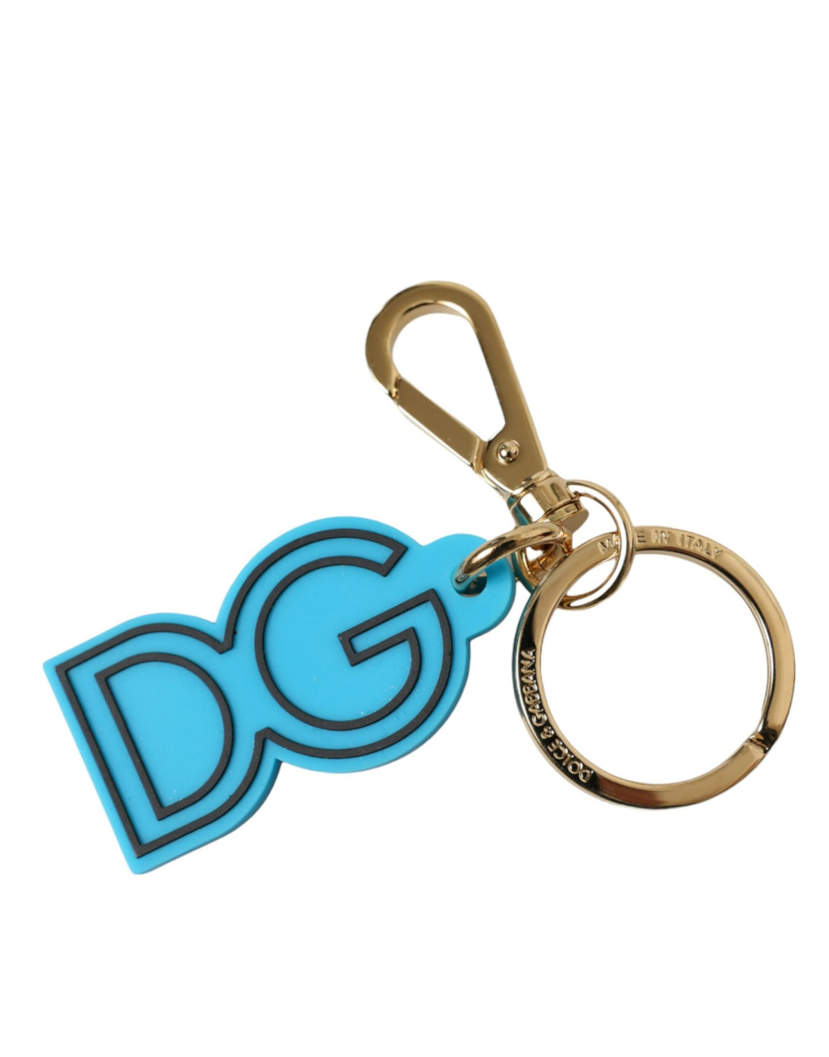 Dolce & Gabbana حلقة مفاتيح/ميدالية شعار DG معدنية ذهبية ومطاطية زرقاء