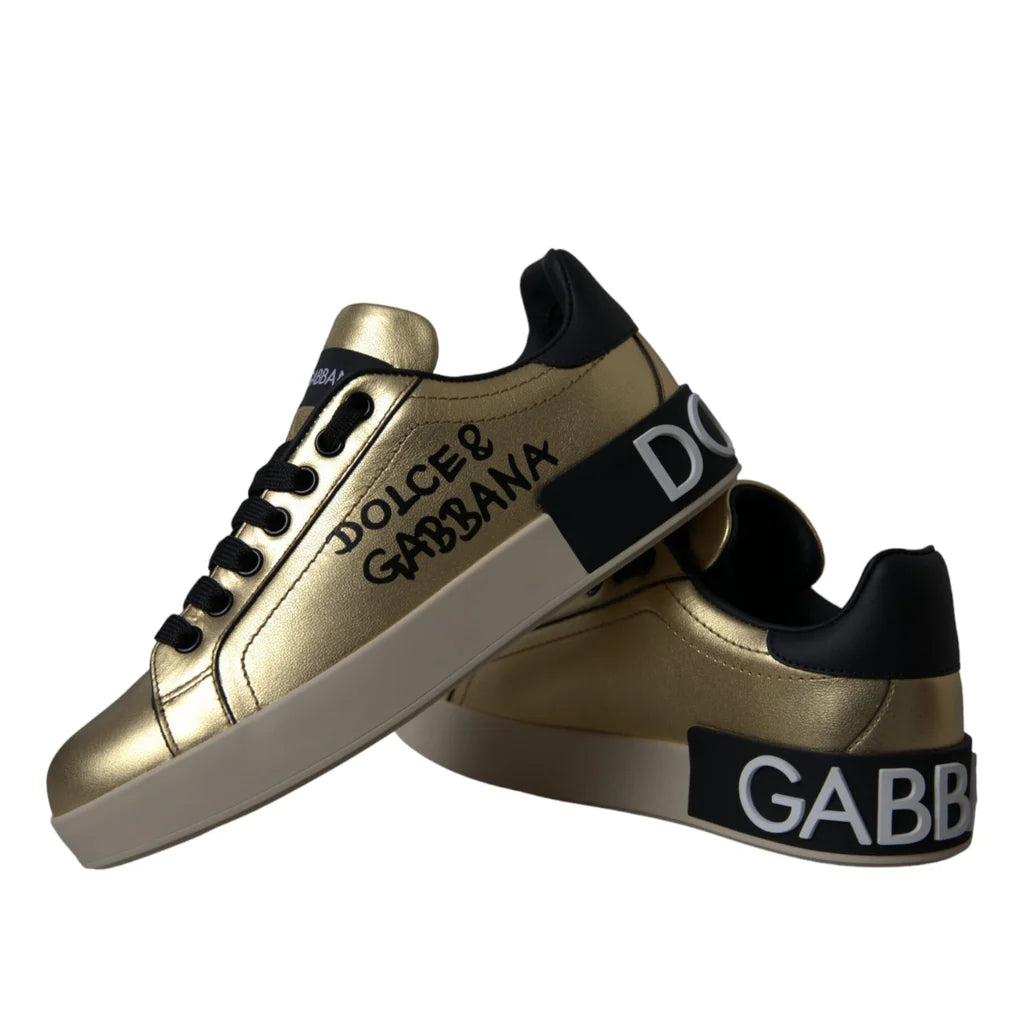 Dolce & Gabbana Gold Portofino Leather Low Top Sneakers Shoes