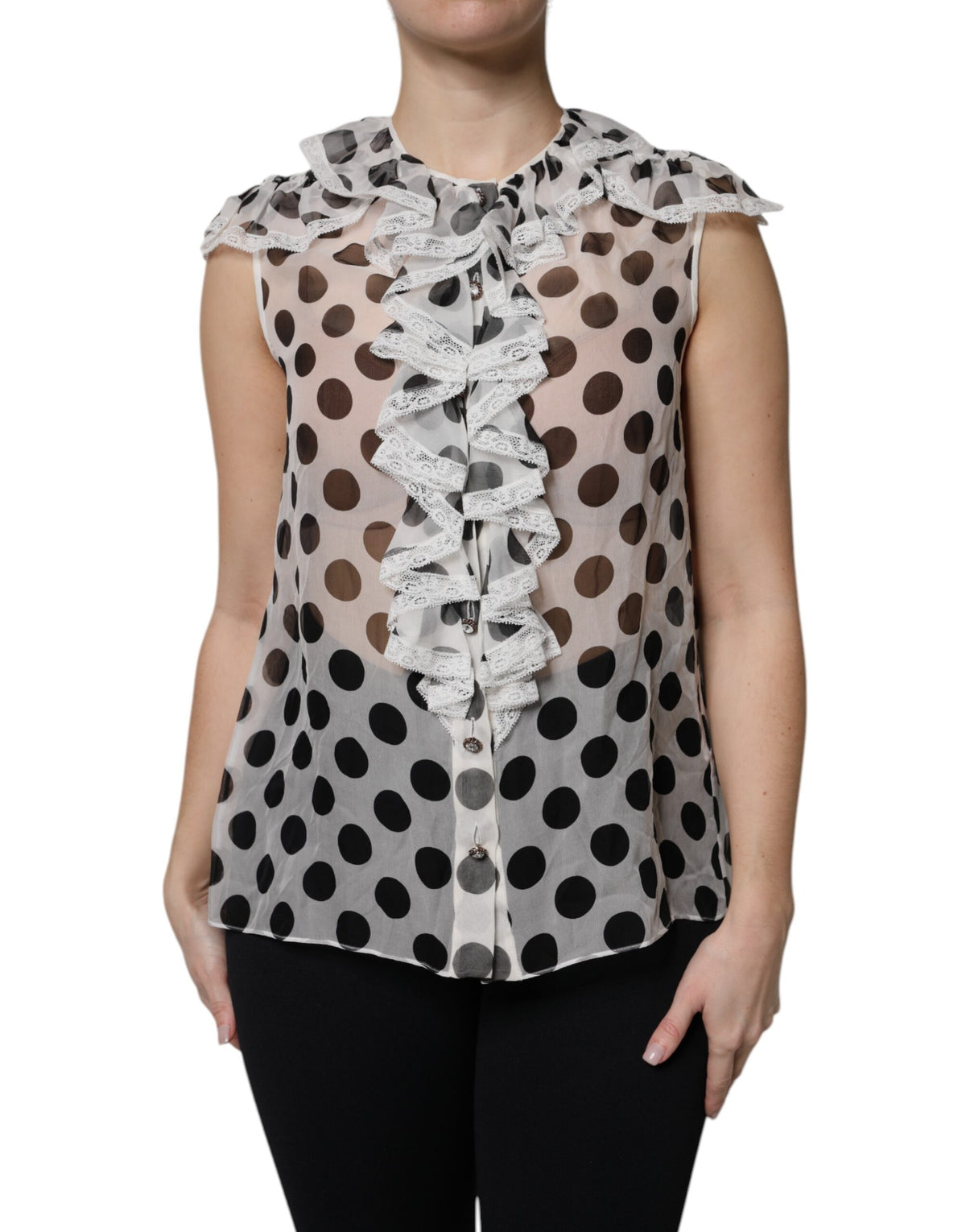 توب بلا أكمام من القطن من دولتشي آند غابانا، أبيض وأسود ومنقط