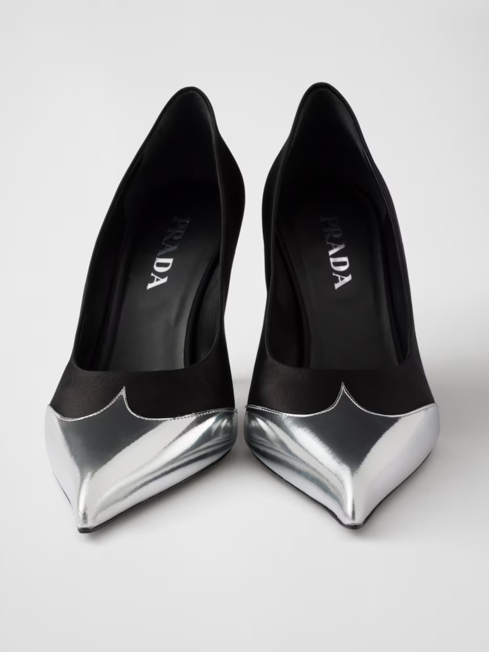 Prada Satin And Metallic Silver Leather Pumps