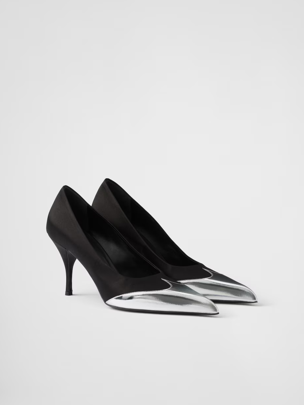 Prada Satin And Metallic Silver Leather Pumps