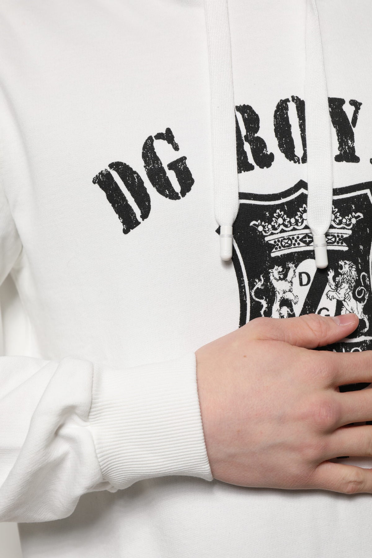Dolce & Gabbana سويت شيرت بغطاء رأس قطني أبيض بطبعة DG ROYAL