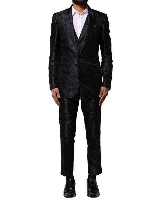 Dolce & Gabbana Dark Gray Black Jacquard 3 Piece Single Breasted Suit