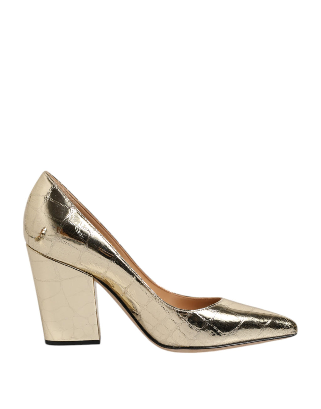 Sergio Rossi Gold Leather Pointed Toe Block Heels Shoes