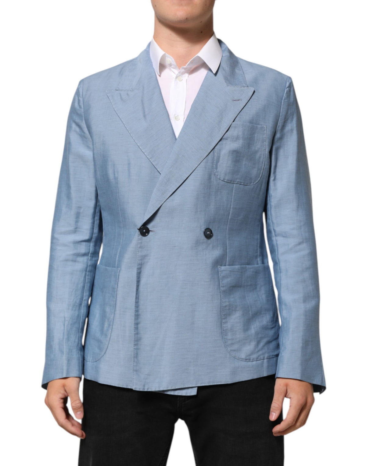 جاكيت بليزر رجالي مزدوج الصدر من الكتان Dolce & Gabbana Light Blue