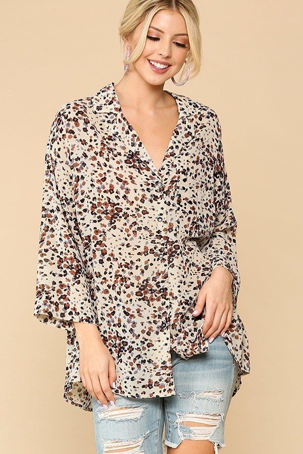 Animal Print Button Down Lapel Collar Women Shirt With Chest Pocket