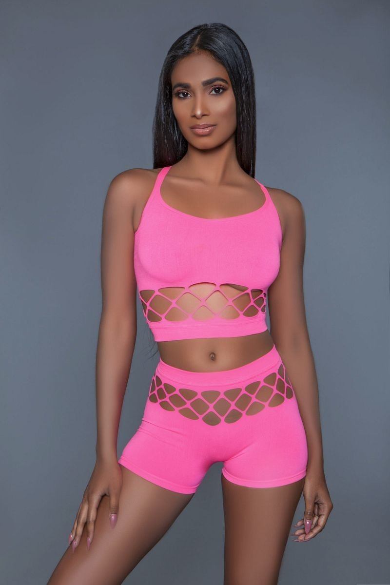 2 pc silk fishnet set that includes a tank crop top with criss-cross cami straps and a pair of high waisted booty shorts set